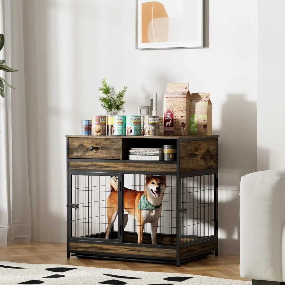 

Dog Crate Furniture with Drawer Storage, Rustic Style Dog Kennel for Small Medium Dogs, Decorative Pet House Dog Cage Side End T