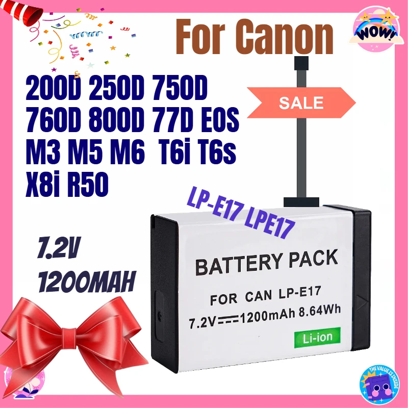 

7.2V 1200mAh LP-E17 LPE17 Camera Battery For Canon 200D 250D 750D 760D 800D 77D EOS M3 M5 M6 T6i T6s X8i R50