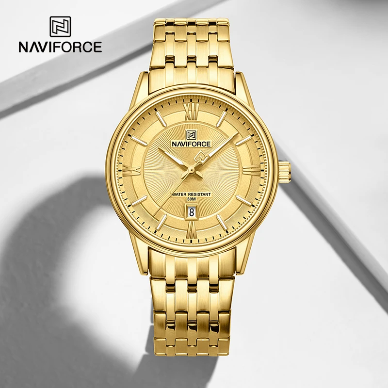 NAVIFORCE Classic Elegant Couple Watch Quartz Calendar Clock with Stainless Steel Band 3ATM Waterproof Fashion Lovers Wristwatch