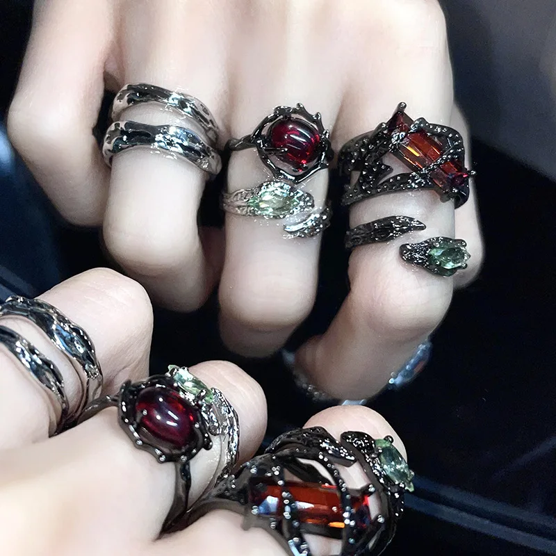 Kpop Gothic Irregular Stone Rings Y2K Aesthetic Red Stone Ring for Women Egirl Vintage Punk Geometry Rings Jewelry Accessories