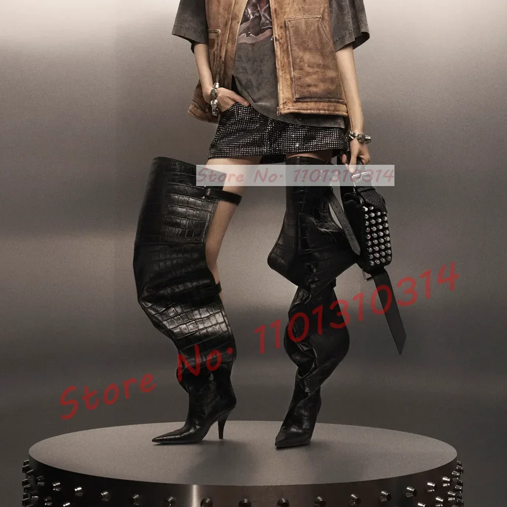 Black Wide Fit Crocodile Thigh Boots Women Streetwear Sexy Belt Buckle Pleated Shoes Ladies Trendy Back Hollow Out Long Boots view 2