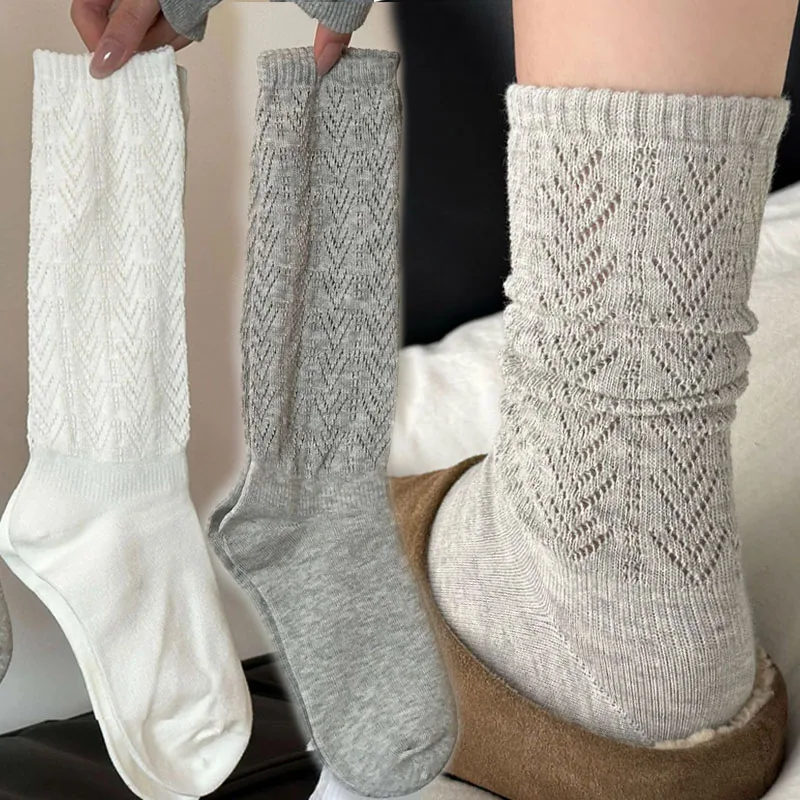 

Japanese Style Knitted Mid-tube Socks High Quality Cotton Stockings Women Autumn Winter Mesh White Grey Socks Soft Floor Socks