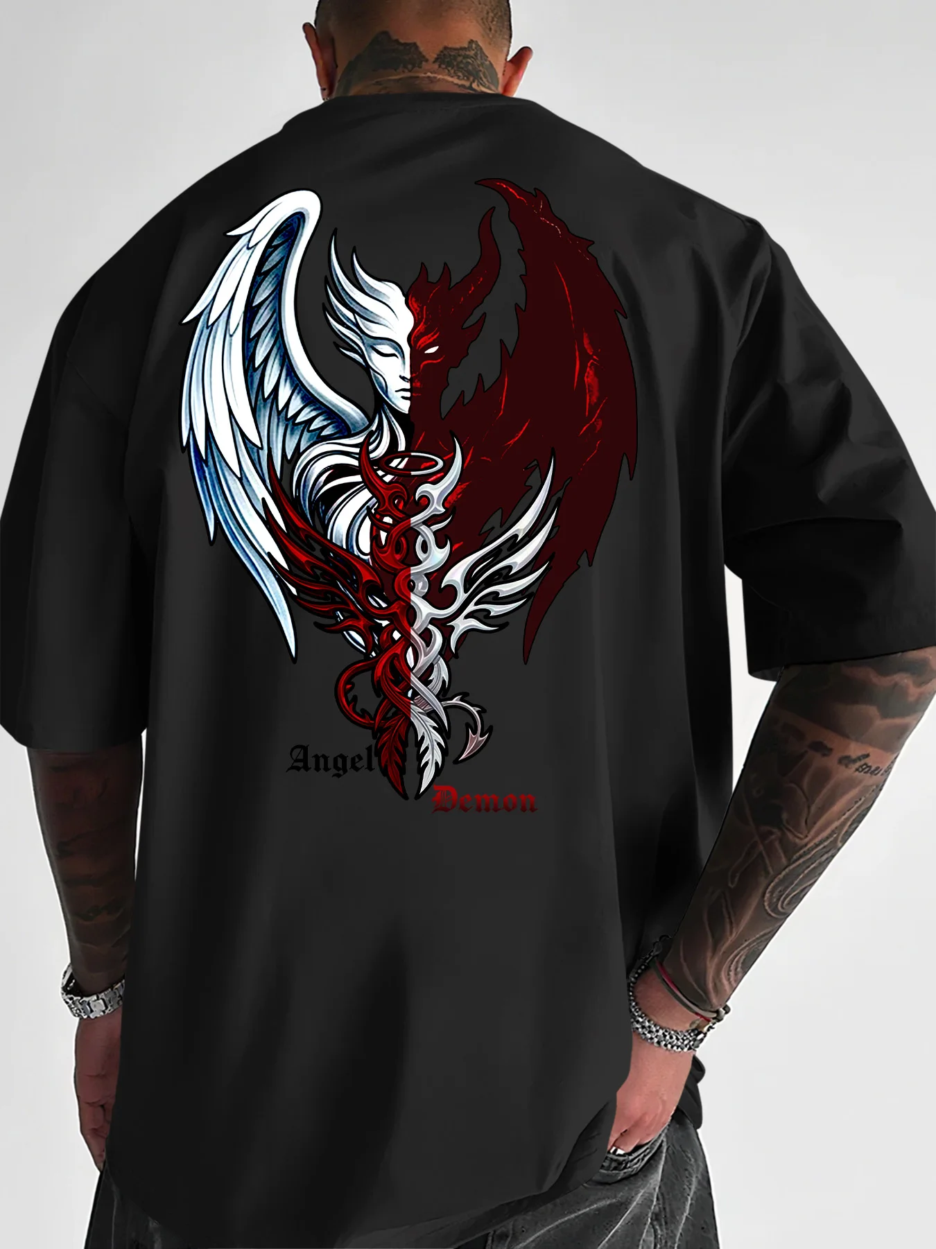 Men's Streetwear T-Shirt Angel Demon Half Face Graphic Print Crew Neck Short Sleeve Polyester Tops with 