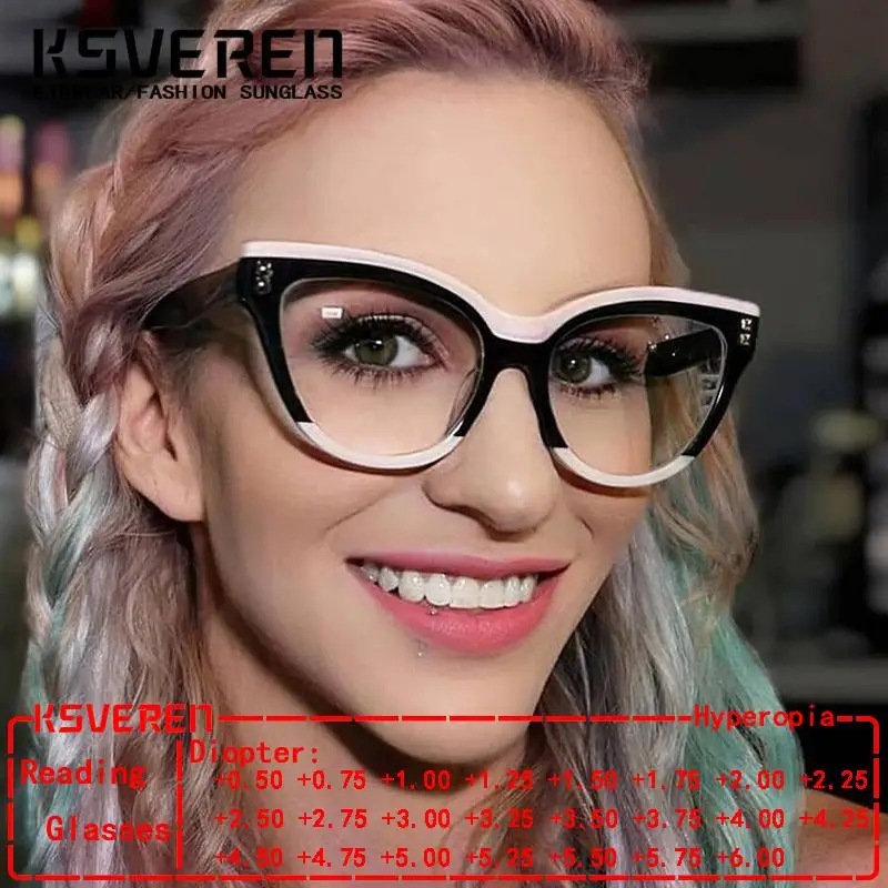 

KSVEREN Cat Eye Retro Anti Blue Light Reading Glasses Fashionable Optical Prescription Glasses Frame Presbyopic Readers Glasses