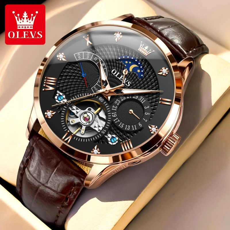 

OLEVS 6652, автоматические механические часы с верхом и фазой Луны для мужчин, модные водонепроницаемые мужские часы с кожаным ремешком в элитном стиле