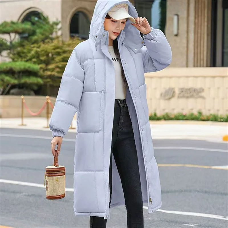 

2025 Women Winter Coat Mid-length Cotton Padded Parkas Hooded Warm Thicken Casual Overcoat Loose Snow Wear Solid Outwear Jacket