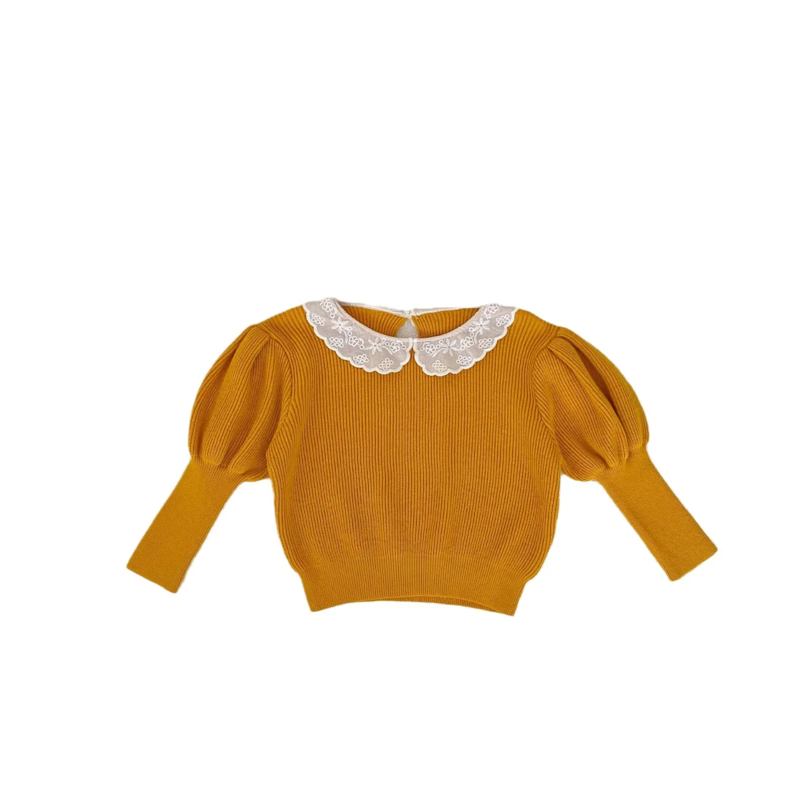 2024 Frühling neue Baby Mädchen Spitze Kragen Bottom ing Shirt Baumwolle Kleinkind Kleinkind Puff ärmel gestrickt Pullover Mädchen solide lässige Tops