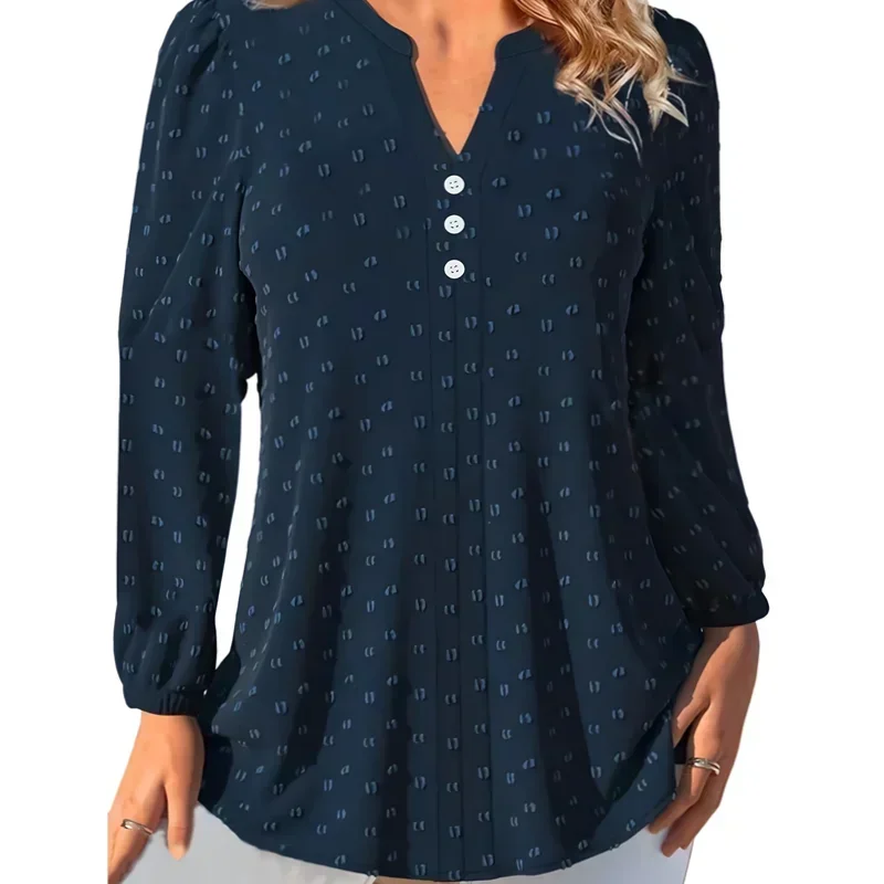 Women\'s Plus Size 1XL-5XL Swiss Dot Blouse with Button Detail and Long Sleeves Shirt Ladies Stylish and Comfortable V-Neck Top