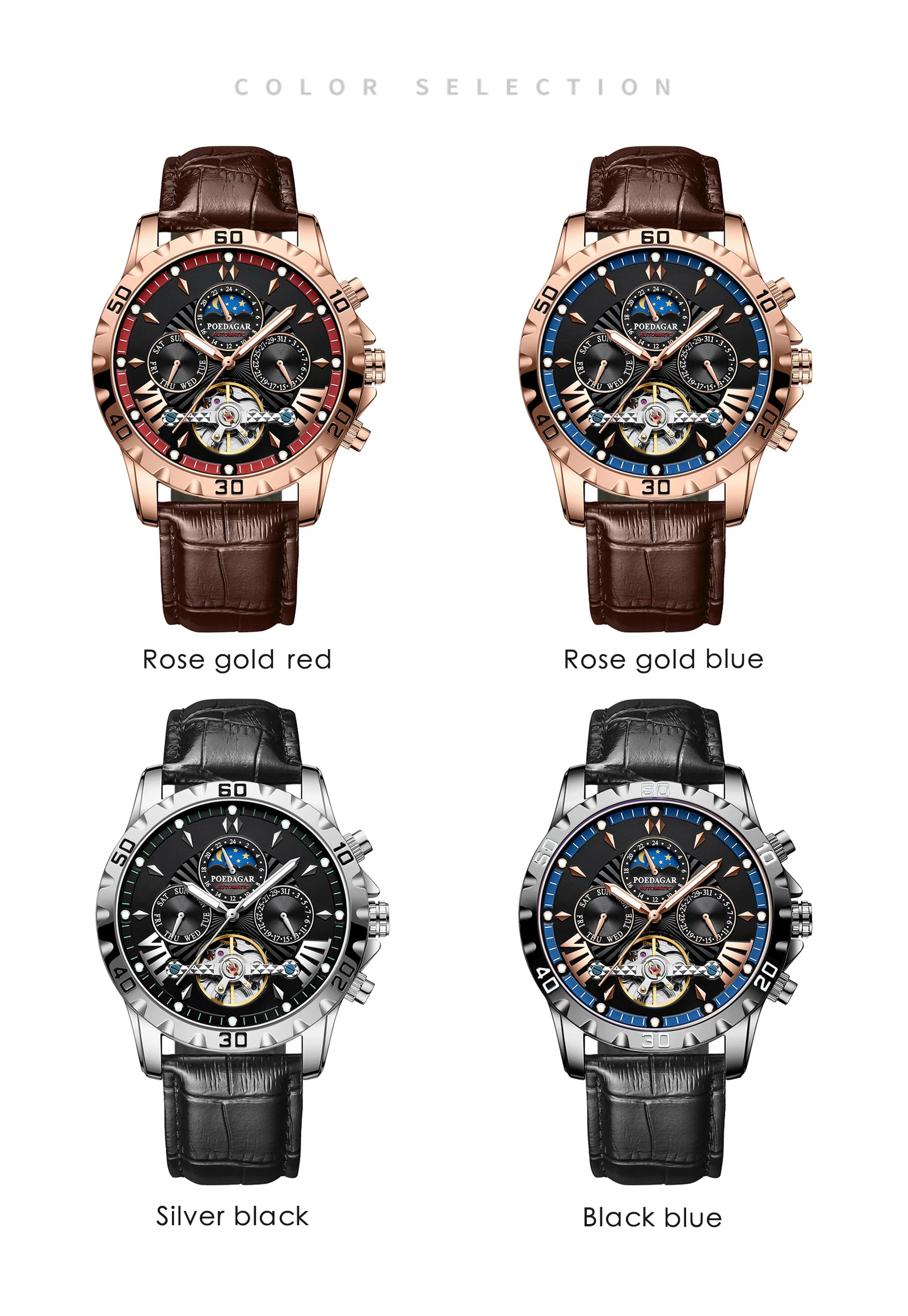POEDAGAR Luxury Automatic Mechanical Men Watch Hollow Tourbillon Waterproof Luminous Male Clock Week Date Business Men's Watches