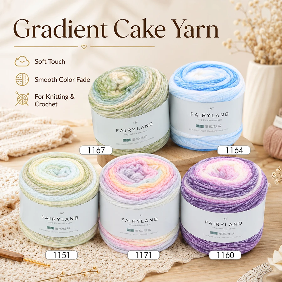 Gradient Cake Yarn Soft Color Changing Knitting Crochet Yarn Multi‑Color Gradient Thread for Handmade DIY Projects