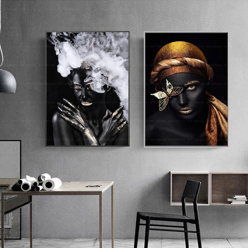 Abstract African Flower Golden Jewelry Tribal Woman Potrait Poster Canvas Painting Black Woman Wall Art Pictures Home Decor