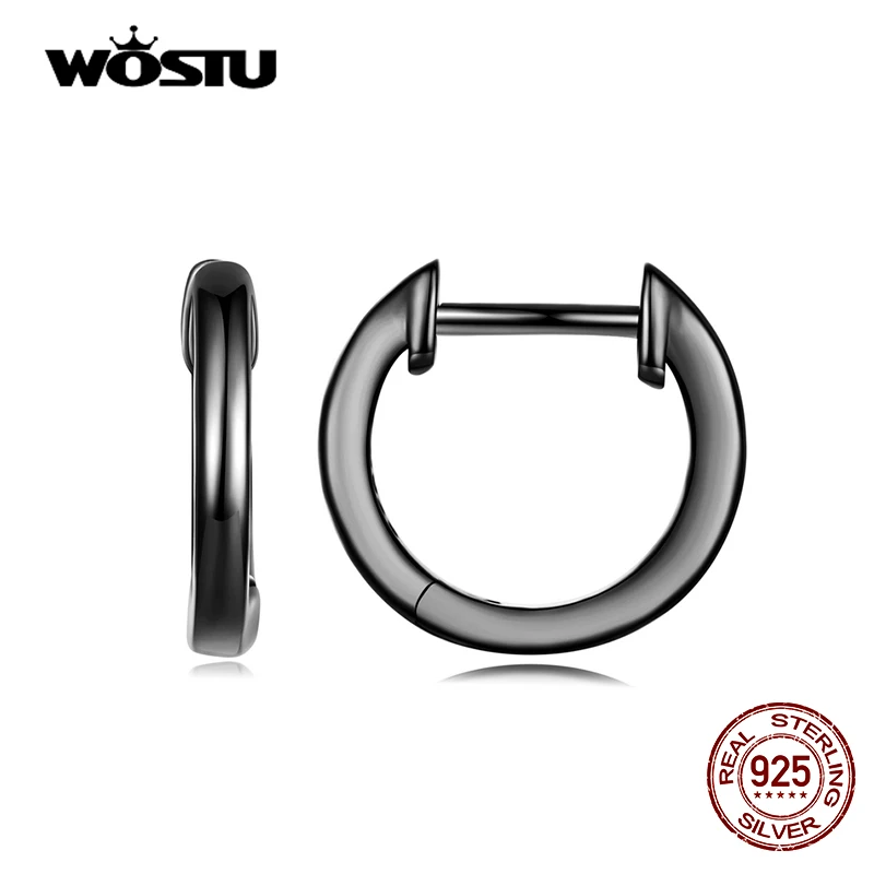 WOSTU Classic 925 Sterling Silver Simple Round Earrings Fashion Plated Black Gold Hoop Earrings For Women Fine Wedding Jewelry