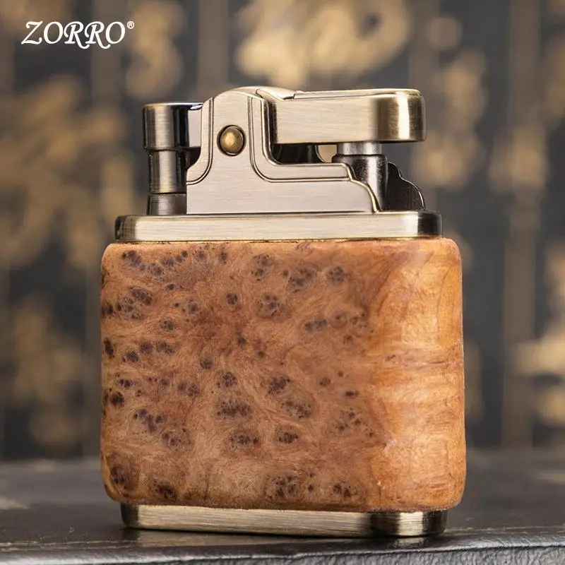 Zorro Pure Copper Kerosene Lighter. Handmade Wood Shell Press Ignition Old Nostalgic Sandalwood Ebony Lighter Men\'s Smoking Gift