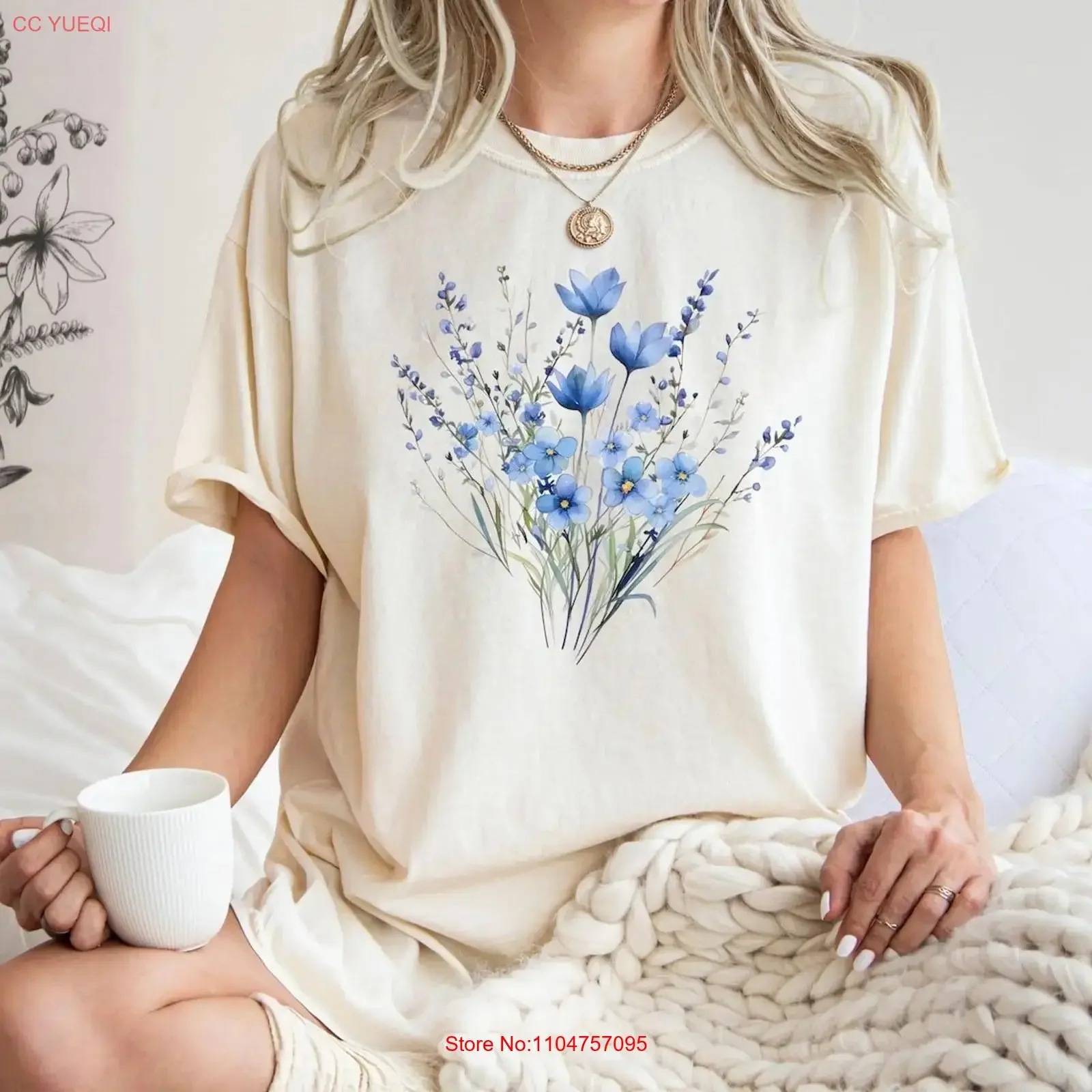 Blue Flower BouqueT T Shirt Lover Retro Floral vintage Washed streetwear Casual Breathable Stretched fashion Comfortable Soft