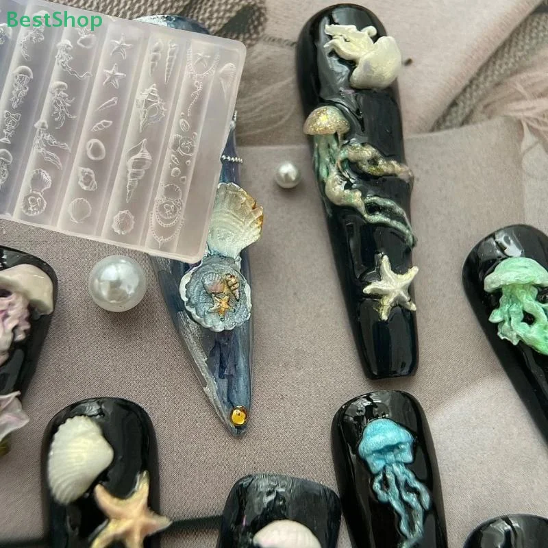 🍄Ocean-themed (Jellyfish/Starfish/Shell)Nail Art Decoration Series,3D Silicone Nail Mold Transparent Manicure Template
