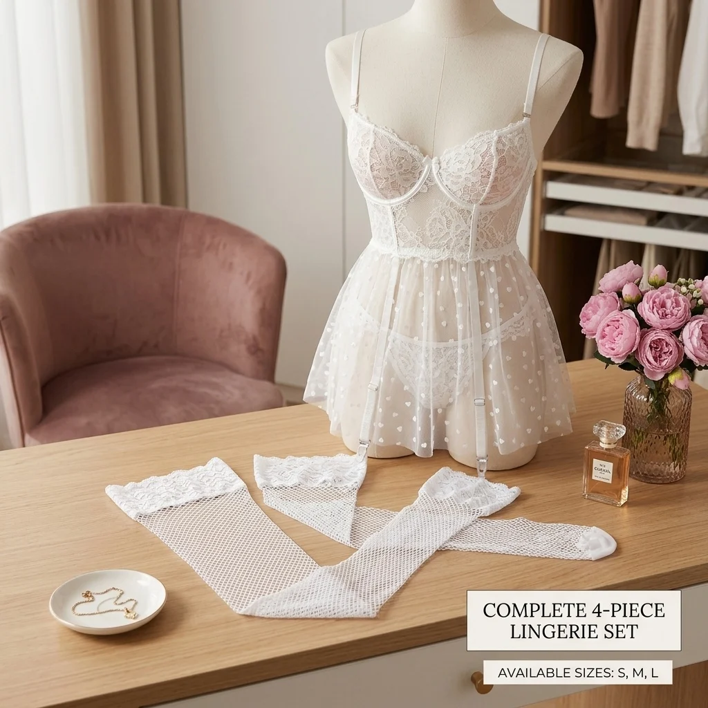 White Lace Mesh Transparent Lingerie Dress Women Underwear Babydoll Dresses Bra Thongs Garter Sets