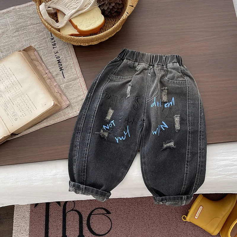 Kids Boys 2Pcs Outfit 2026 Autumn New Korean Style Tie Shirt Loose Shirt Jacket Ripped Jeans Pants Trendy Children Clothing Set