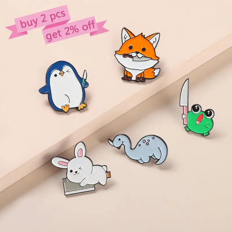 Animal  Enamel Pin Custom Lovely Fox Penguin Tyrannosaurus Rex Killing Brooch Bag Lapel Pin Cartoon Badge Jewelry Gift
