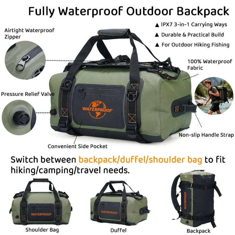حقيبة ظهر خارجية مقاومة للماء بالكامل من القماش الخشن - IPX7 3 في 1 طرق حمل 40 لتر PVC حقيبة ذات سعة كبيرة للمشي لمسافات طويلة والتخييم والصيد