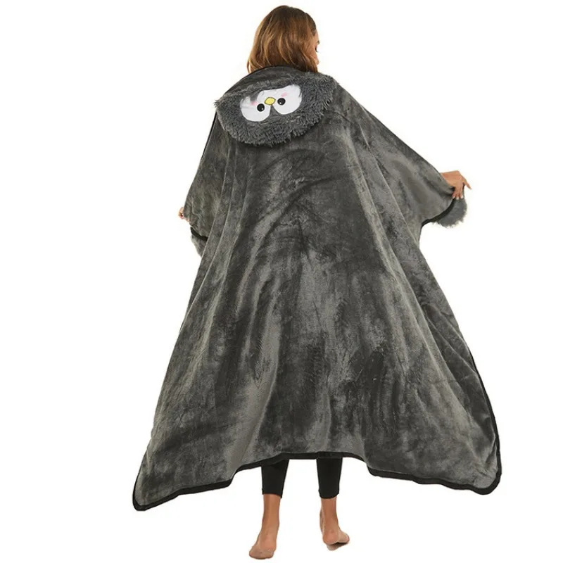 Flannel Penguin Cape for Adults Soft Sherpa Hooded Cloak Cozy Wearable Blanket
