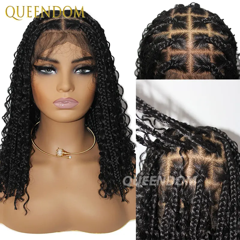 Wig kepang Bob pendek Wig kepang dewi sintetis kotak Boho tanpa simpul Wig kepang Jumbo Wig renda penuh Wig kepang Cornrow keriting Bohemian