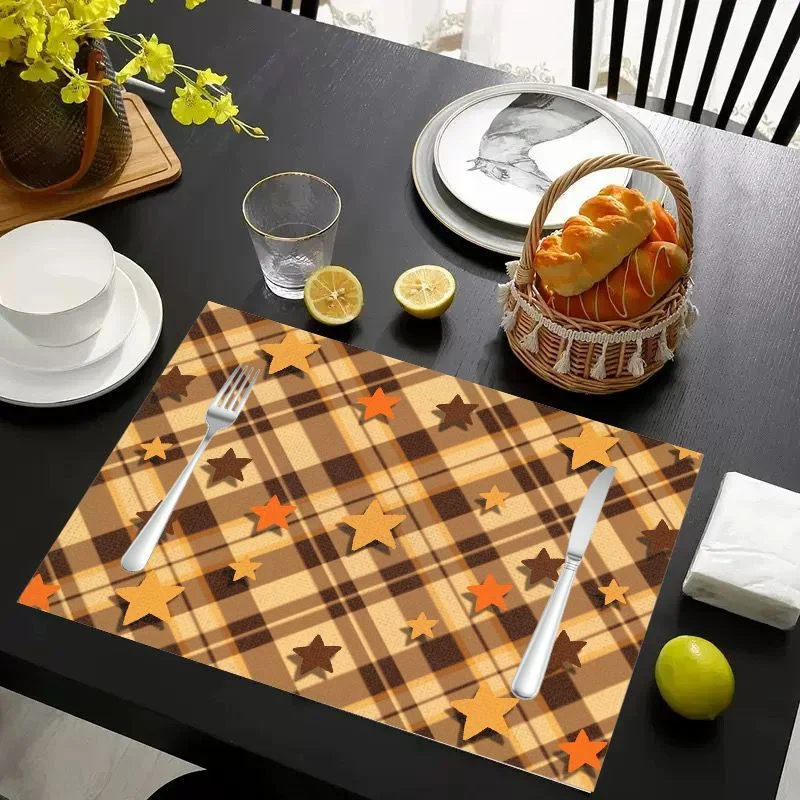 VIKAMA Autumn Star Tartan Placemats Brown Orange Plaid Table Mat Fall Harvest Washable Heat Resistant Dining Decor Mat