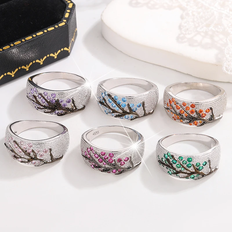 

Luxury 925 Silver Color Plum Blossom Branch Stones Cubic Zirconia Women Rings Fashion Jewelry Wedding Rings for Women Jewelry