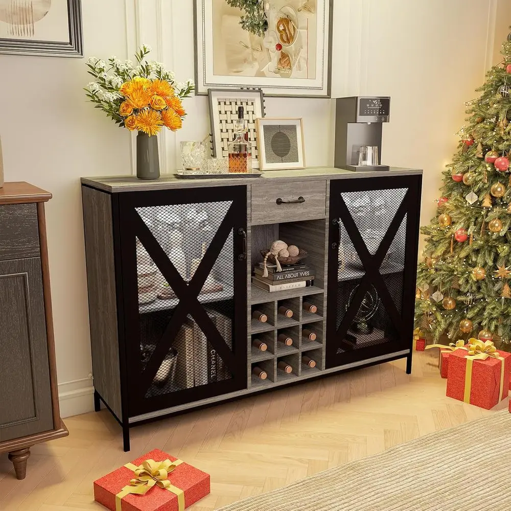 

Rustic Oak 55 LED-lit Wine & Liquor Bar Cabinet with Storage, Ideal for Kitchen Buffet and Living Room Customized