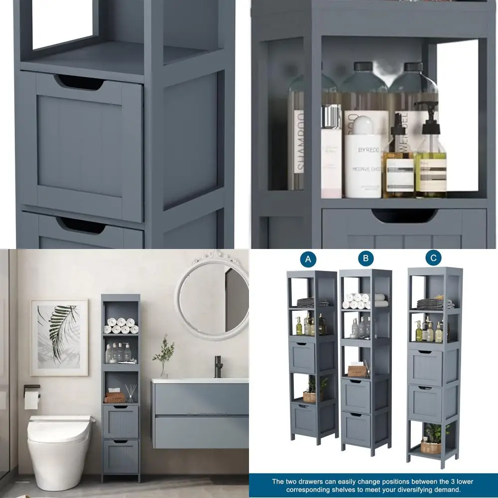 

Grey Wooden Tall Slim Linen Tower with 2 Drawers and 3 Shelves for Bathroom Storage