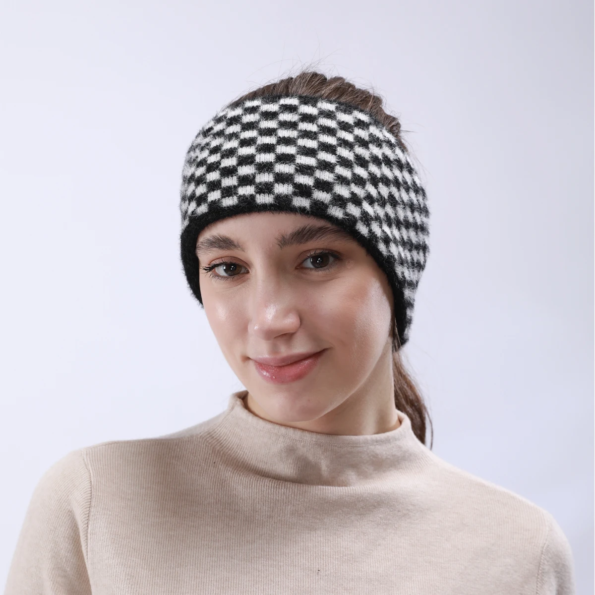 Women Cotton Blend Knitted Headband Plaid Soft Elastic Fashionable Durable Minimalist Daily Makeup Outdoor Travel Use Wear