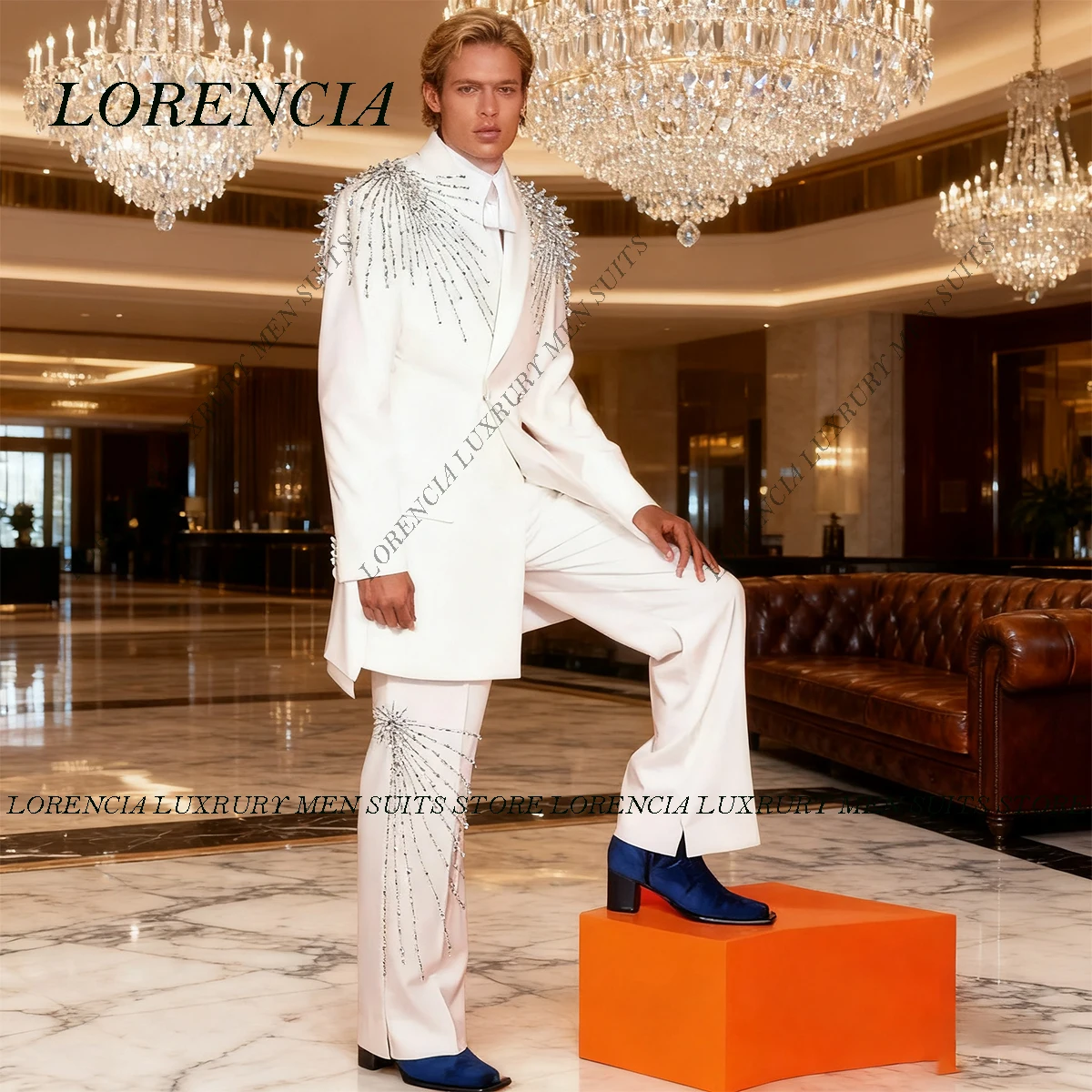 

Customized Luxury Beaded Gem Crystals Tuxedos Men Suits 2 Pieces Sets Wedding Groom Tuxedos Male Party Prom Blazer Costume Homme