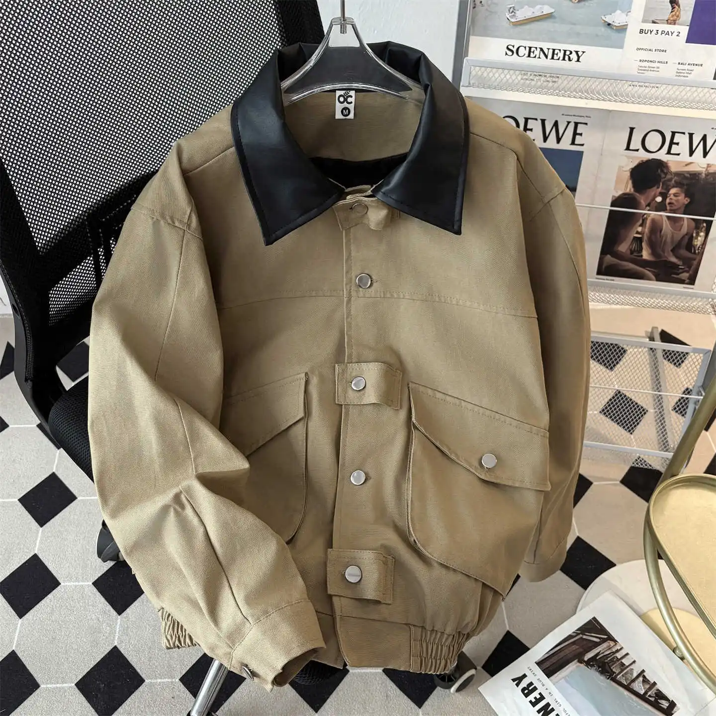

Women Khaki Cargo Jacket Coat Harajuku Leather Patchwork Long Sleeve Teenage Autumn Jacket 2000s Vintage Outerwear Clothes 2025