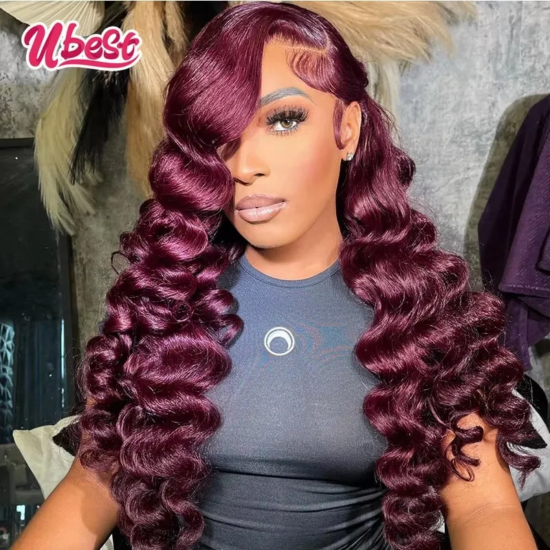 

Ubest 13X6 Transparent Lace Front Wigs Loose Wave 100％ Human Hair Dark Purple Colored 5X5 Lace Closure Wig Pre Plucked For Women