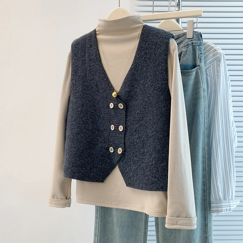 

V-Ne Вязаный жилет на пуговицах Тонкий однотонный многослойный женский модный осенне-зимний полиэфирное волокно или длина на одной пуговице