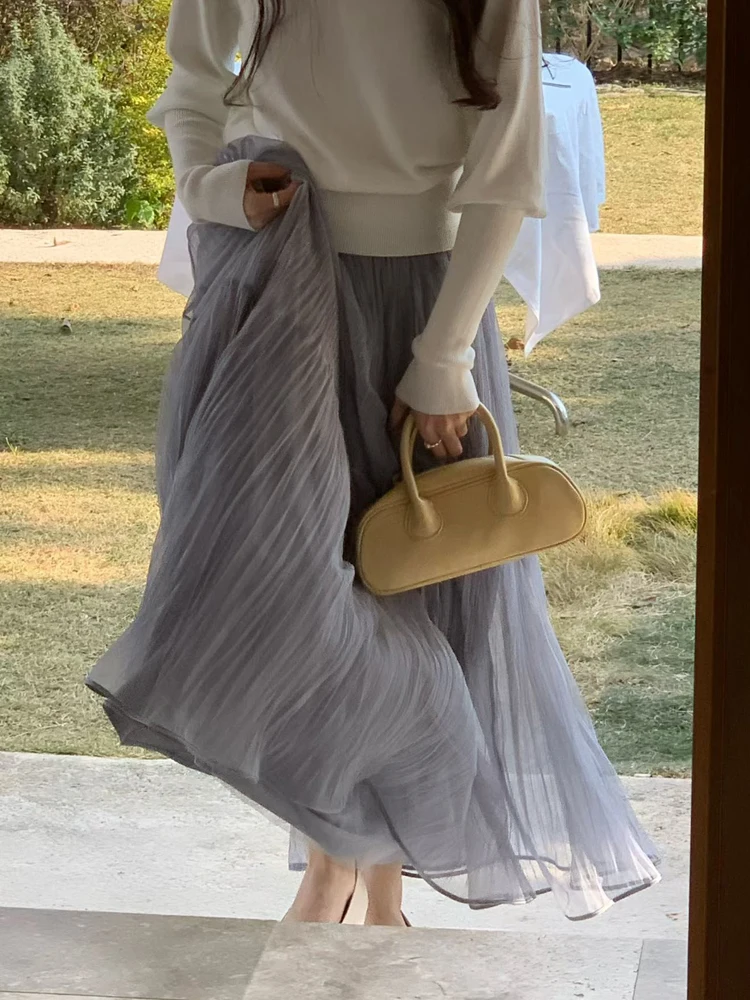 

High Quality Handmade Pleated Tulle Skirt Women's Long A-Line Cake Style Spring 2026 Wide Flared Skirt Polyester Fabric