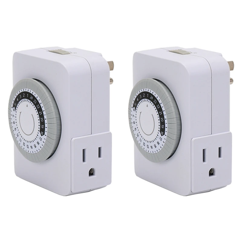 US Plug, 2Pcs 24 jam Outlet Timer dengan 2 Outlet Grounded Timer Plug untuk Outlet listrik, 30-menit Interval