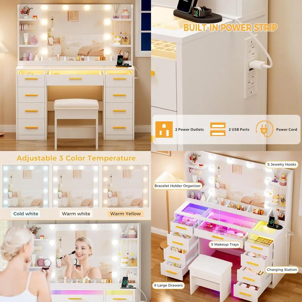 

Large 3-Color LED Lighted Makeup Vanity Table with Glass Top, 4 Shelves, and Stool, White