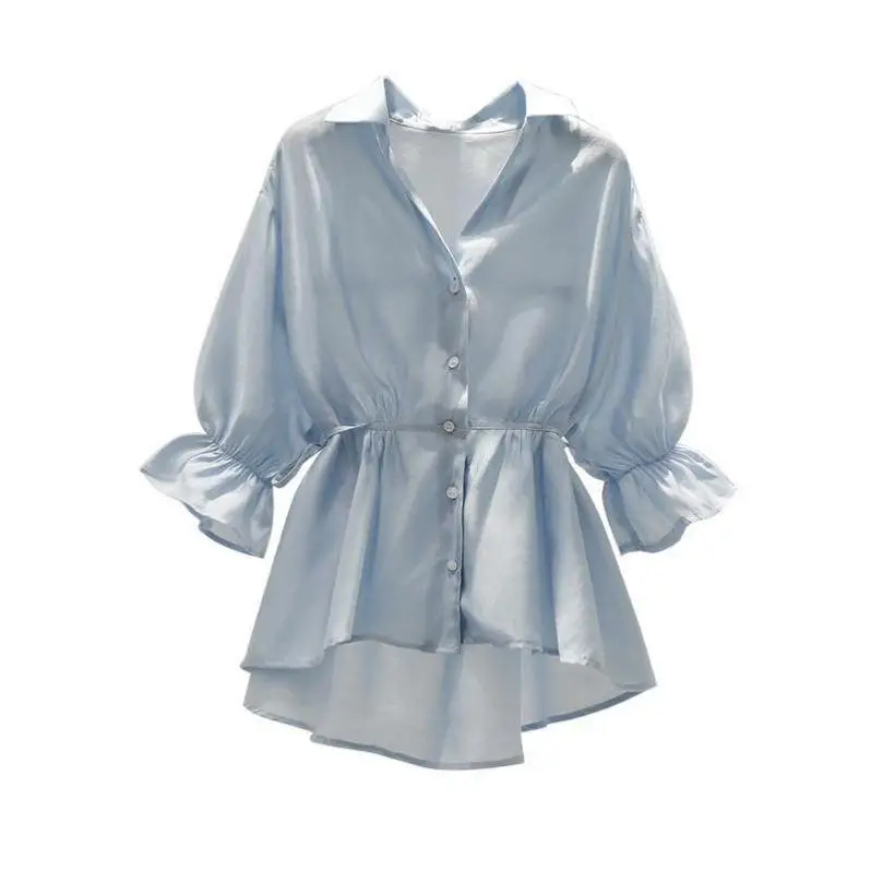 Elegant and Casual Women's V-Neck Dress Shirt with Ruffled Hem for 2024 Spring and Summer