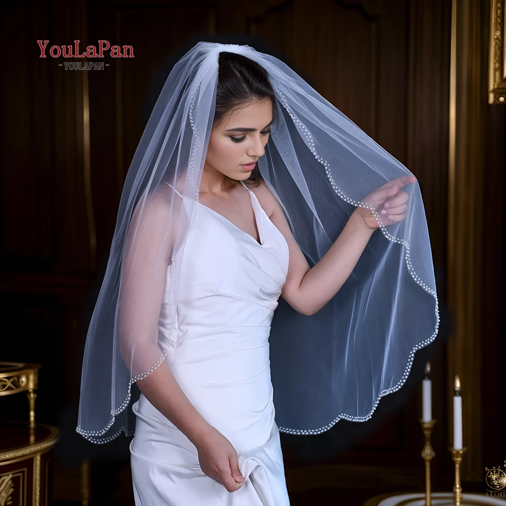 YouLaPan V35 1 Tier Bridal Veils Wedding Crystal Beaded Soft Rainfall Opal Crystal Veil Thin Scallop Pearls Trim Soft Tulle Veil