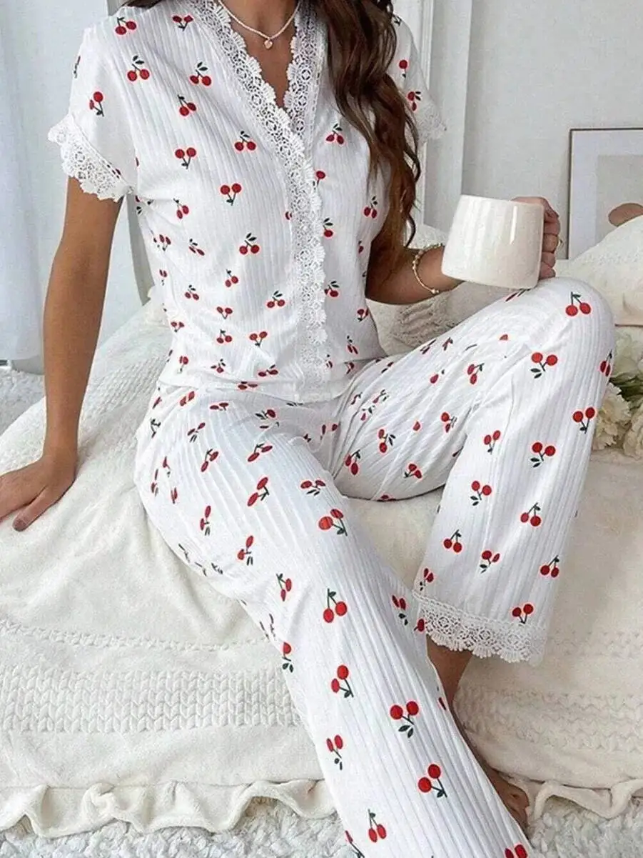 

New Style Women's Pajamas Sexy Collar Lace Cherry Print Shirt Slim Fit Long Pants Loungewear Casaul Soft Pants Sets Elegant KMOI