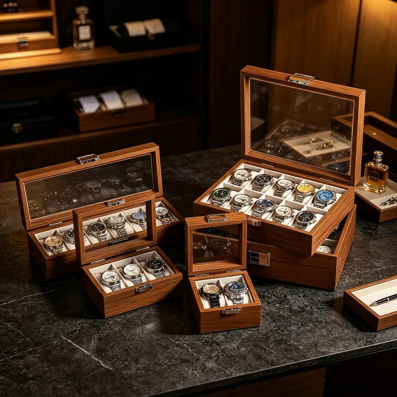 Classic Eco‑Friendly Wooden Dust‑Proof Watch Storage Display Case with Lock & Clear Glass Window for Watch Collection Home Decor