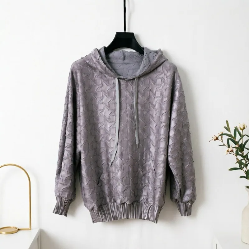 Plaid Pleated Hoodie 2026 New Loose Slim Fit Versatile Commuter Women's Casual Sports Top No-Iron Lightweight Clothing