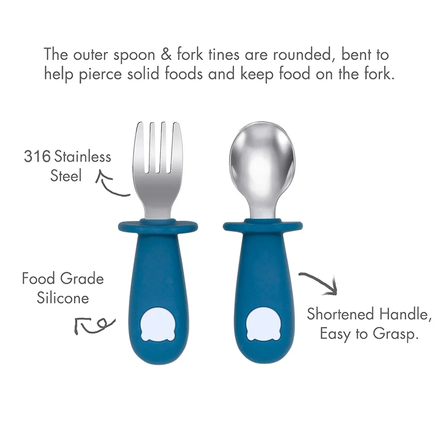 Juego de Tenedor y cuchara de comida para bebé، sin BPA، مانجو دي سيليكونا، أوسو دي ديبوجوس أنيمادوس، فجيلا دي أسيرو غير قابل للأكسدة #5