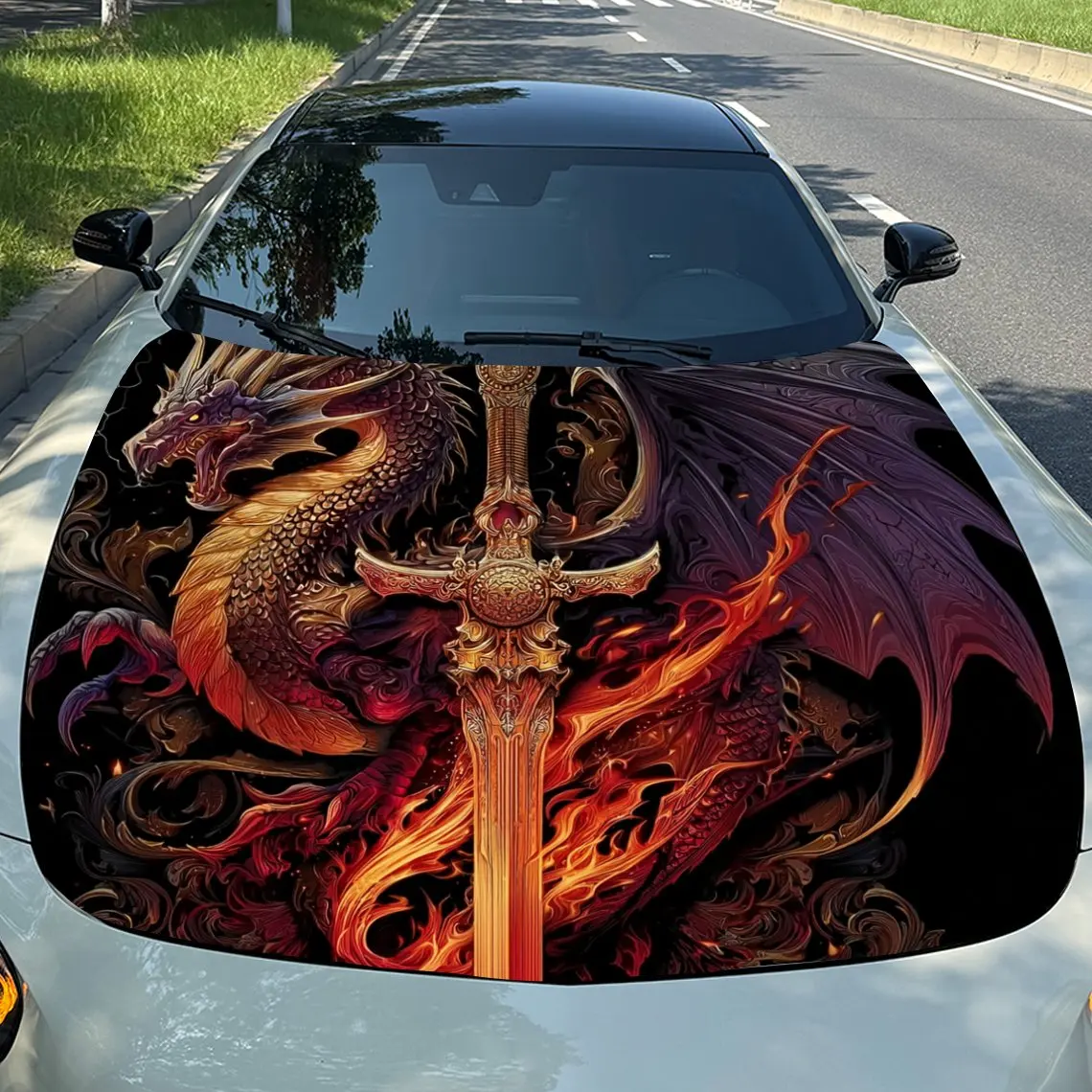 

Blaze Dragon & Holy Sword Car Vinyl Wrap, PVC Material Waterproof Car Hood Sticker, Self-Adhesive Scratch-Resistant Stickers for
