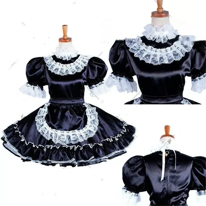 

Sissy French Maid Black Satin Short Sleeve Lace Lockable Ruffle Dress Maid Cosplay Costume Customizable