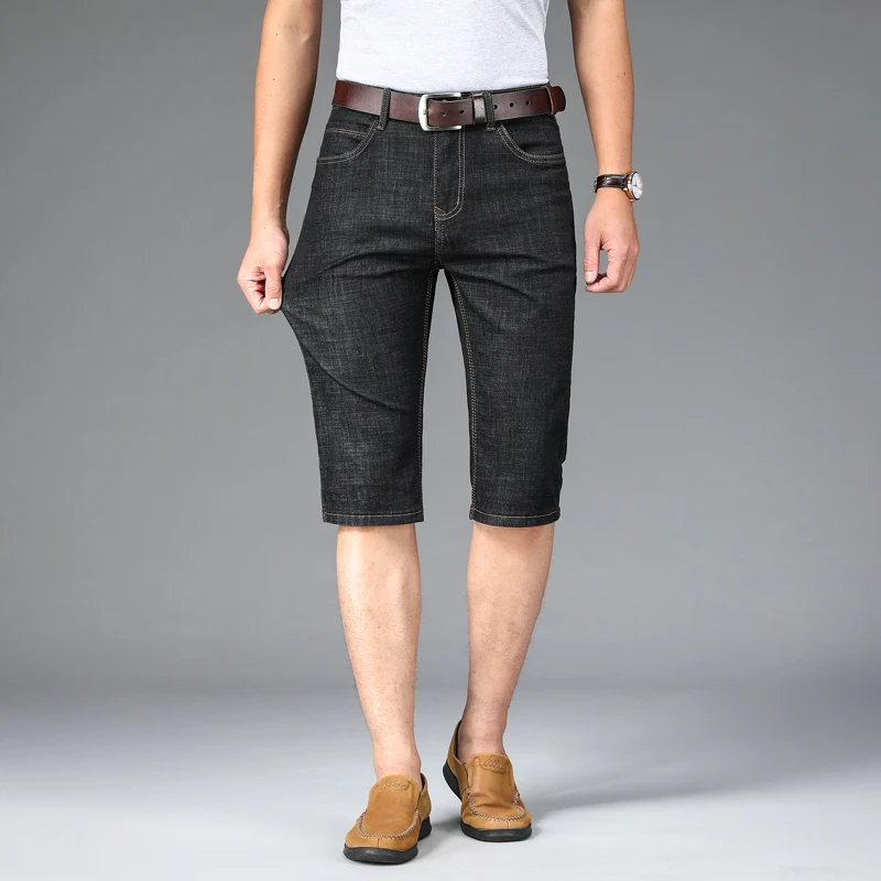 

Summer Business Blue Men Over Knee Denim Shorts Fit Straigh Fashion Classic Black Stretch Calf-Length Blue Jeans Short Male