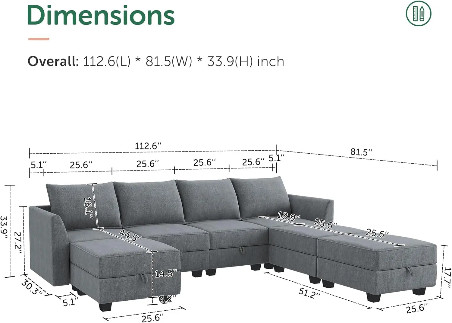 2024 NEW Modular Sectional Sofa U Shaped Modular Couch Reversible Modular Sofa Sectional Couch with Storage Seat, Bluish Grey