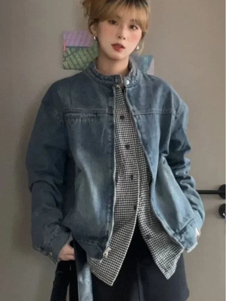 

Y2k Aesthetic Stand Neck Jean Jackets Women Harajuku Grunge Zipper Casual Denim Coats Streetwear Loose Vintage Tops Femme