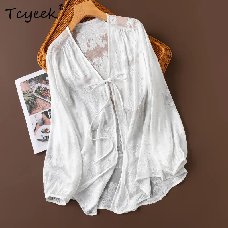 Tcyeek 100% Real Mulberry Silk Tops for Women 2026 Spring Ethereal White Sun Protection Lace-up Shirt Female Clothing Ropa Mujer
