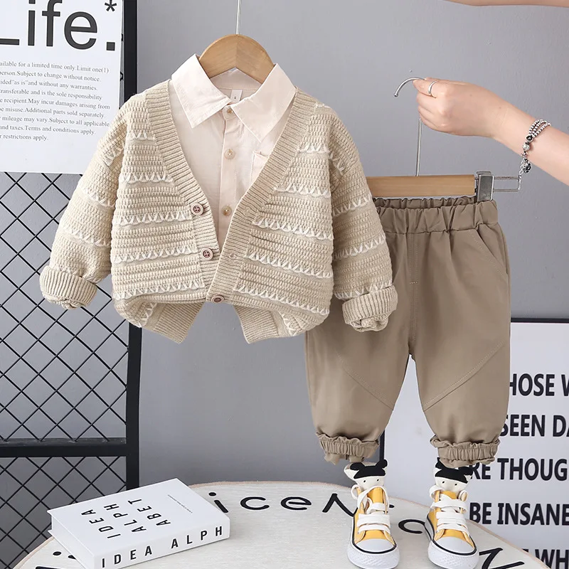 Boys Clothes Sets Spring Autumn 2026 Children Woolen Jersey Sweaters Coats Shirts Pants 3pcs Suit For Baby Knitted Outfits Kids